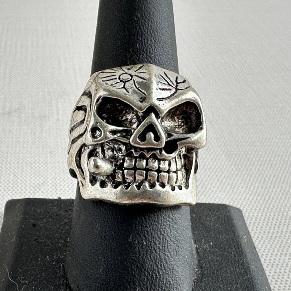 Biker Skull Ring Size 9.5 Stainless Steel Gothic Halloween Jewelry With Engraved - Picture 4 of 6